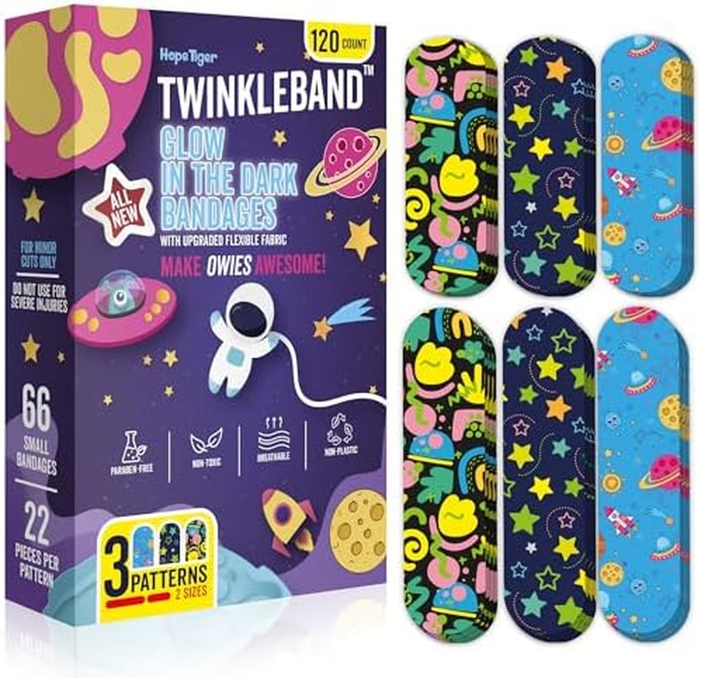 The HopeTiger TwinkleBand glow-in-the-dark bandages box with the three space-print bandage designs